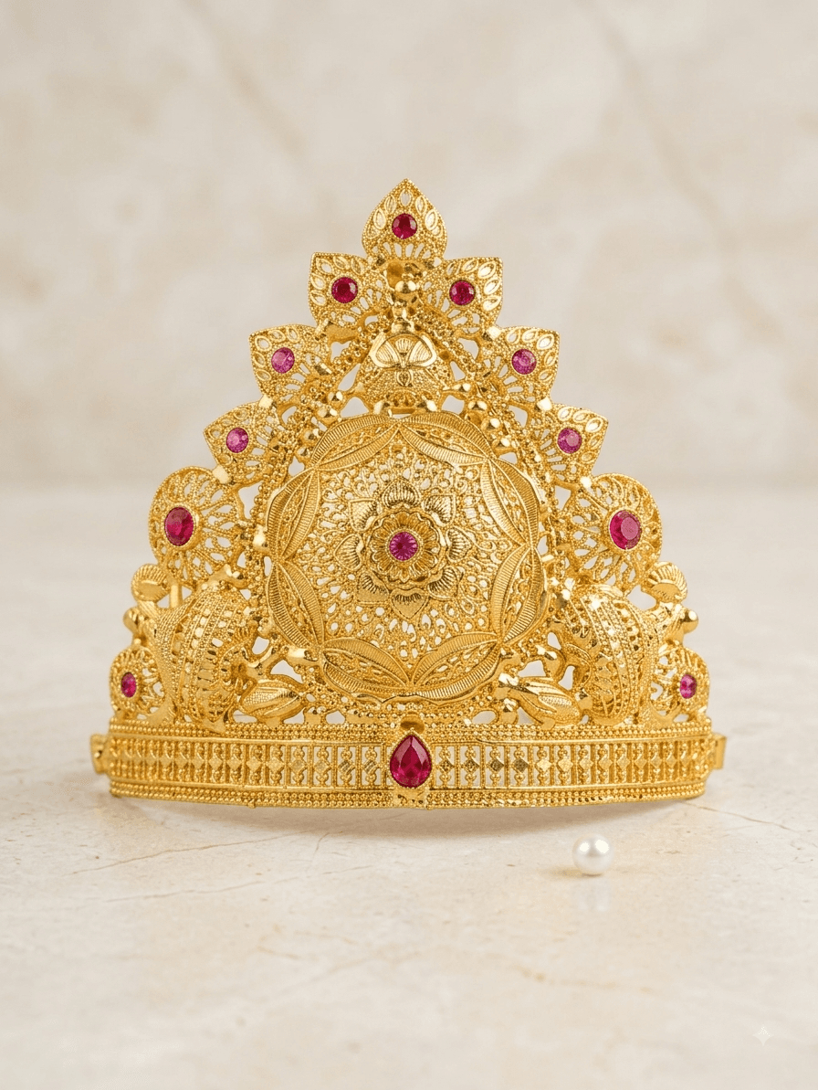Royal Shahi Peacock Mukut gold-plated crown with ruby stones for Ganesh idol