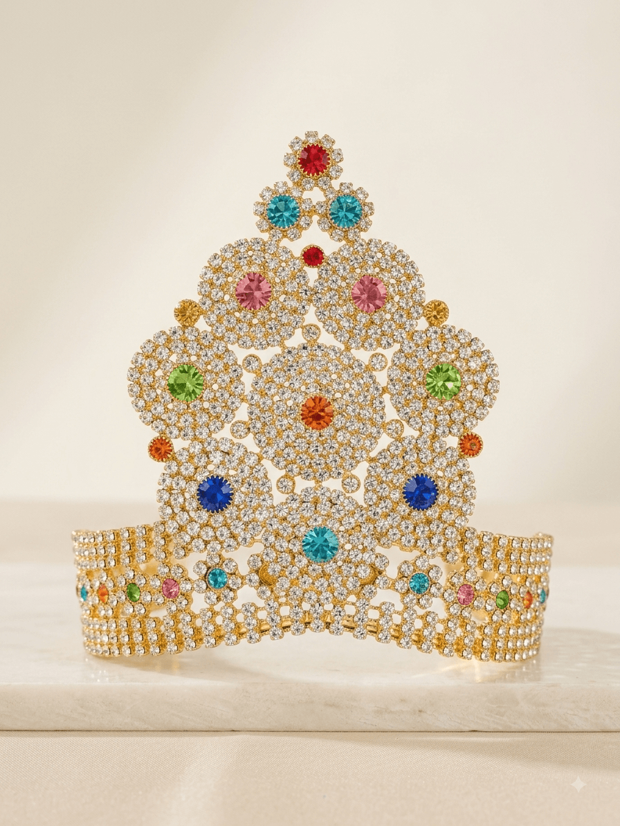 Navratna multi-colour crystal and diamond studded crown for Ganesh idol