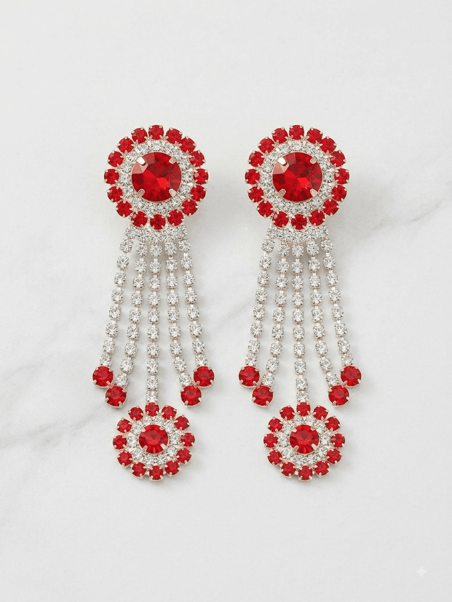 Ruby Floral Kundal ear ornaments with diamond drops for Ganesh idol