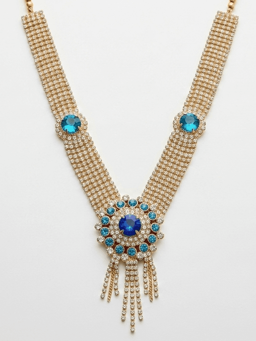 Sapphire blue and diamond mesh Kanthi Haar necklace for Ganesh idol