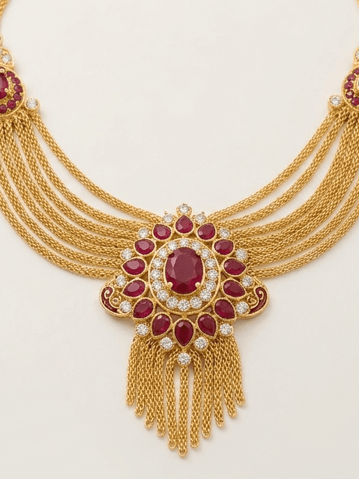 Royal multi-strand gold chain Haar with ruby medallion for Ganesh idol