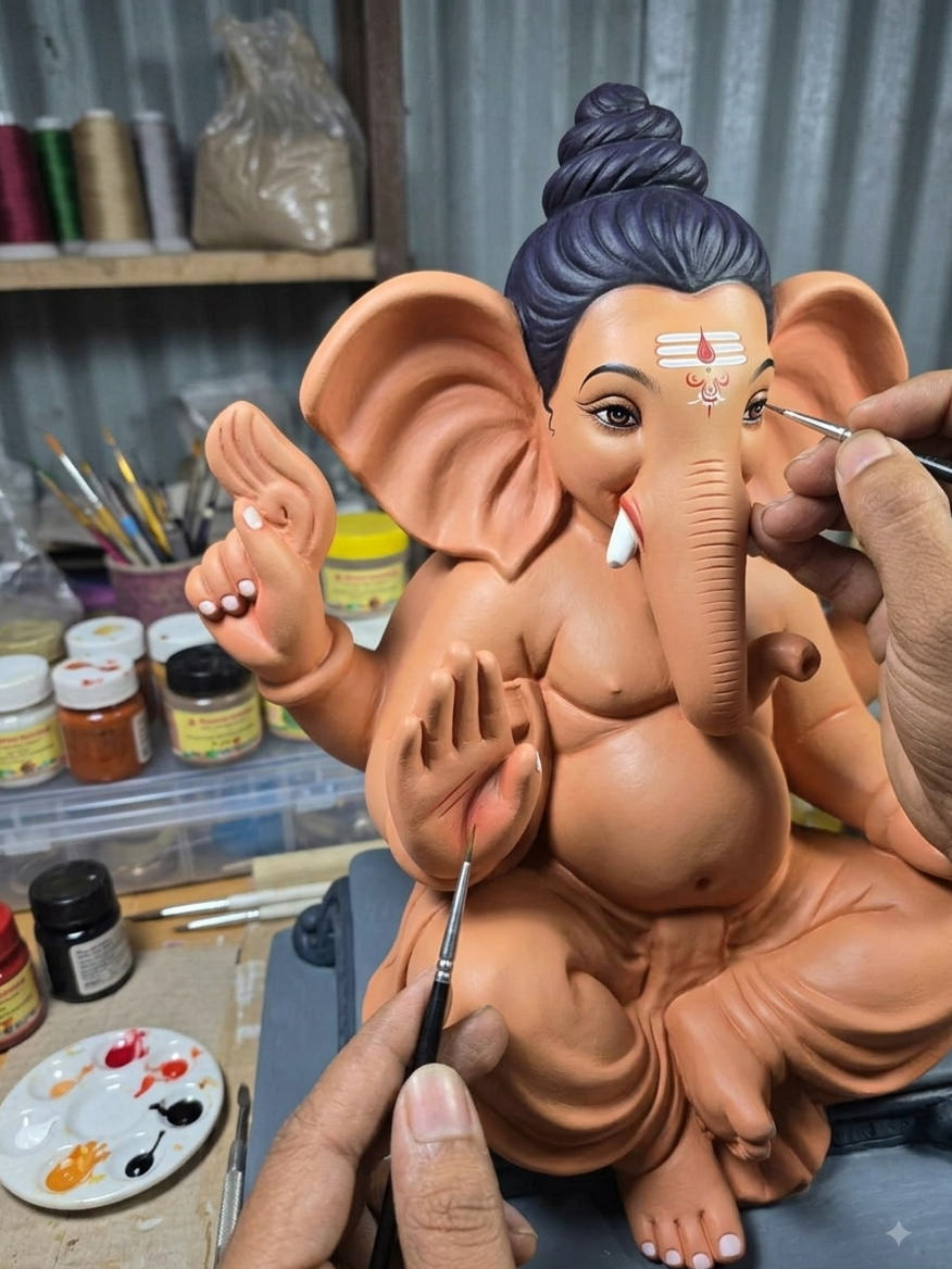 Stage 02: Painting and facial feature detailing of Ganesh idol